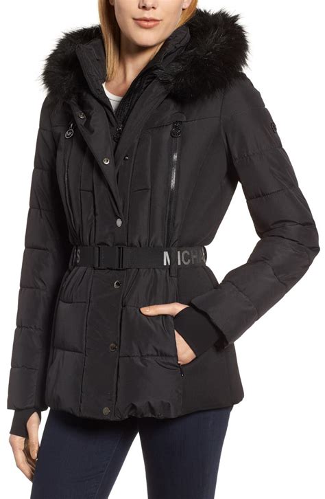 michael michael kors logo belted faux fur trim puffer jacket|Michael Kors puffer jacket sale.